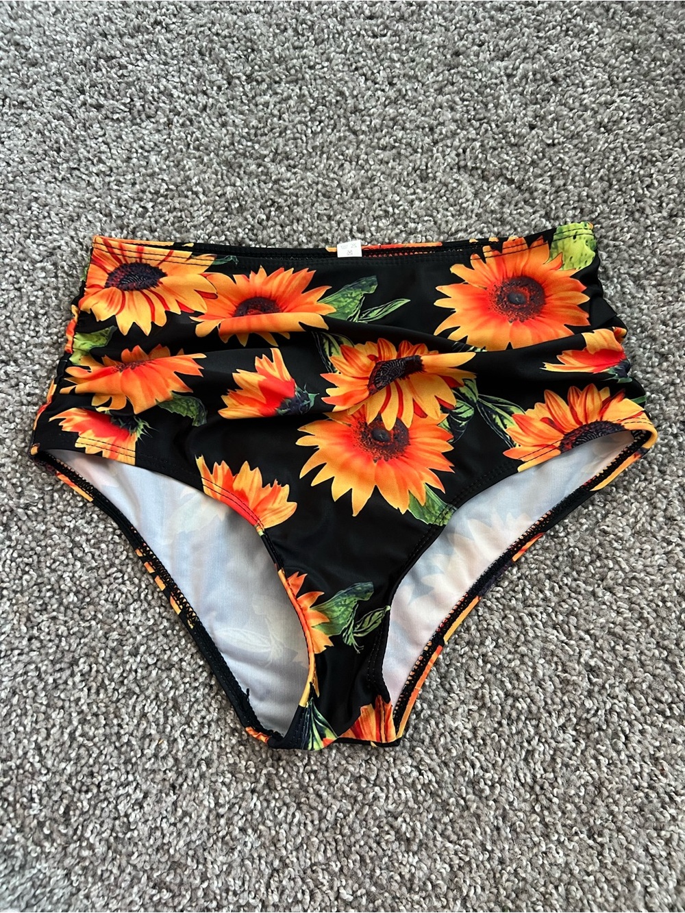 High-Waist Sunflower Print Bikini Bottoms - Black & Orange